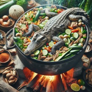 A crocodile being cooked in a large pot
